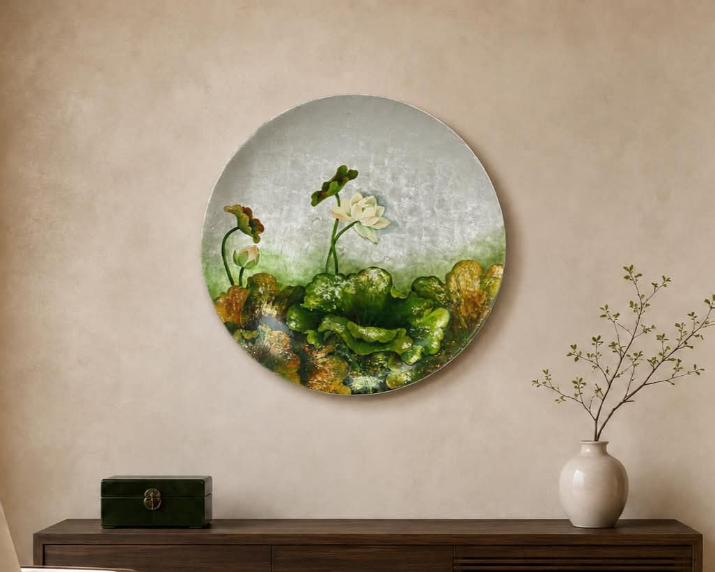 Framed lacquer artwork with silver lotus flowers